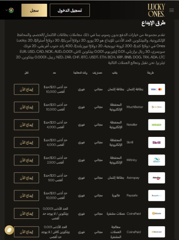 طرق الدفع في كازينو لكي ونز